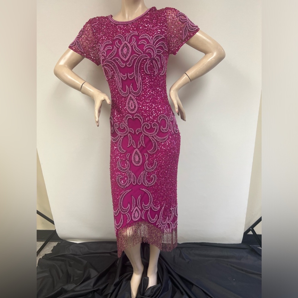 Aidan Mattox fully beaded fringes short sleeves midi dress - Picture 7 of 13